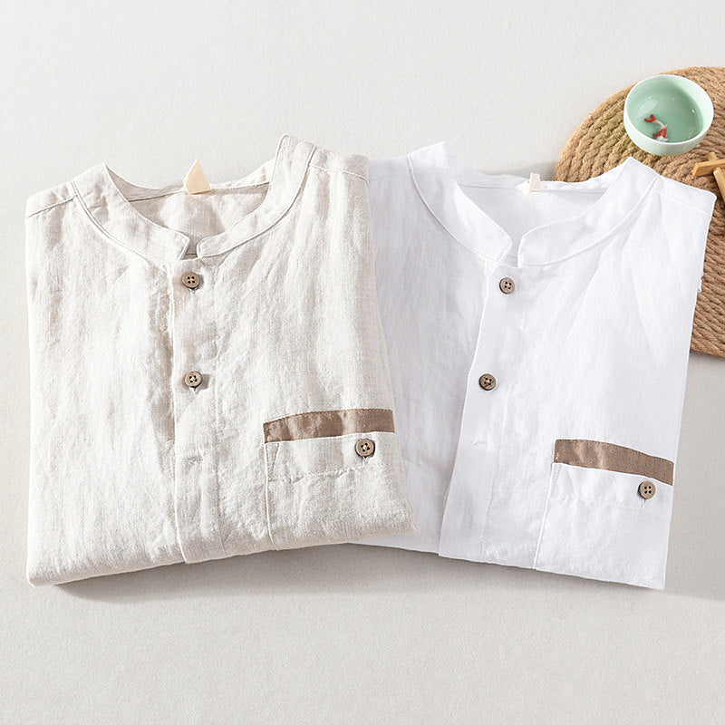 Stand Collar Pure Linen Long Sleeve Shirt