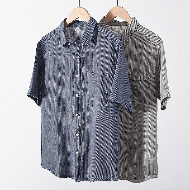 Striped Short Sleeve Shirt - Square Collar, Cotton Linen