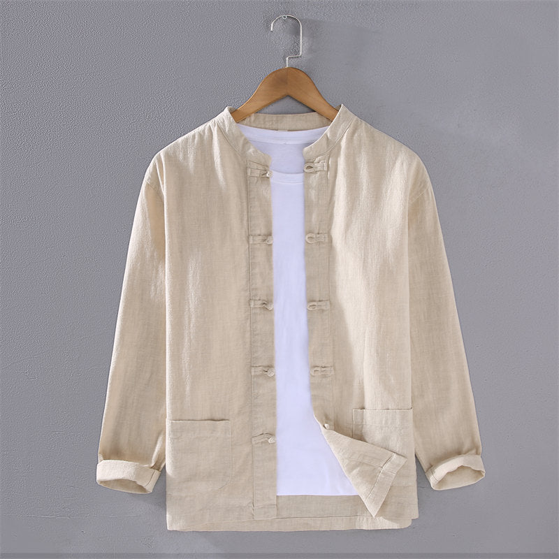 Stand Collar Cotton Linen Long Sleeve Shirt