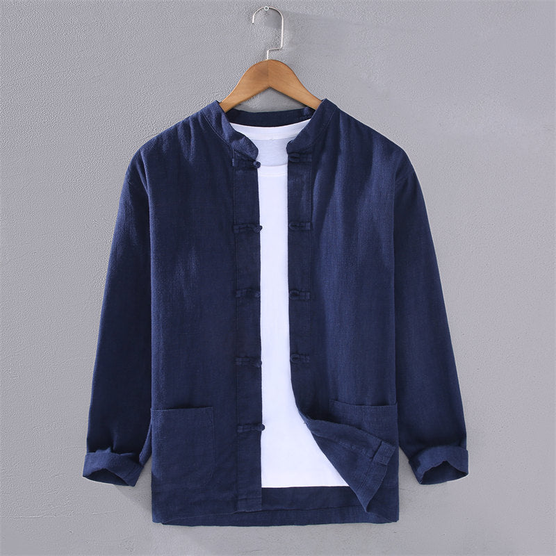 Stand Collar Cotton Linen Long Sleeve Shirt