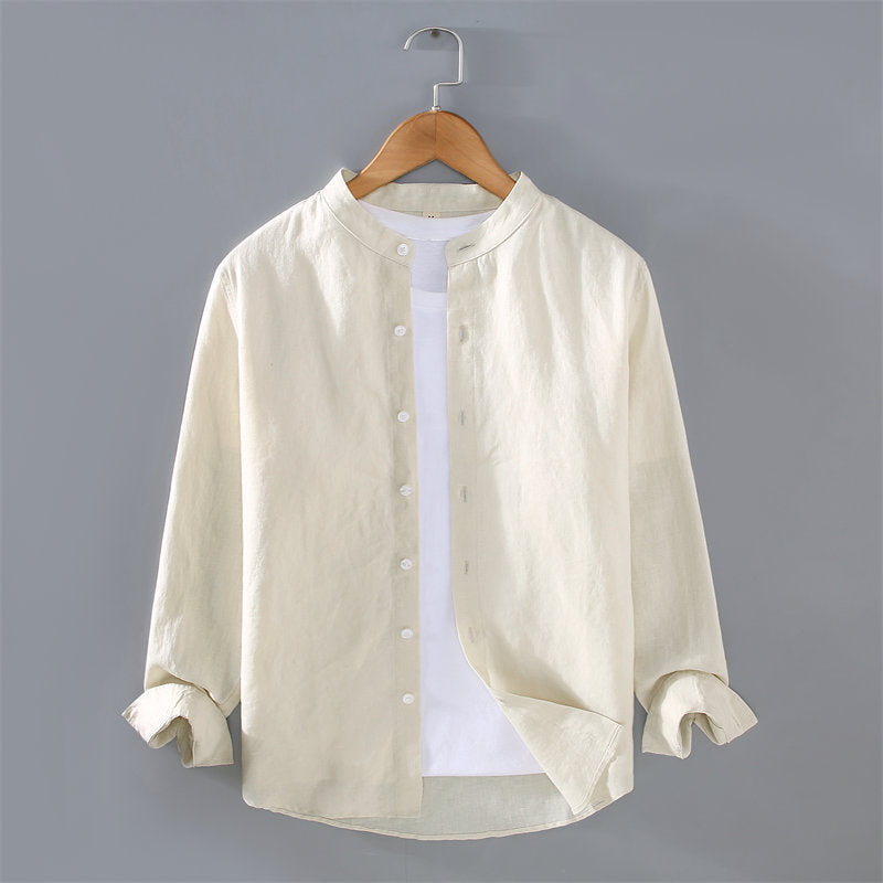 Stand Collar Pure Linen Long Sleeve Shirt