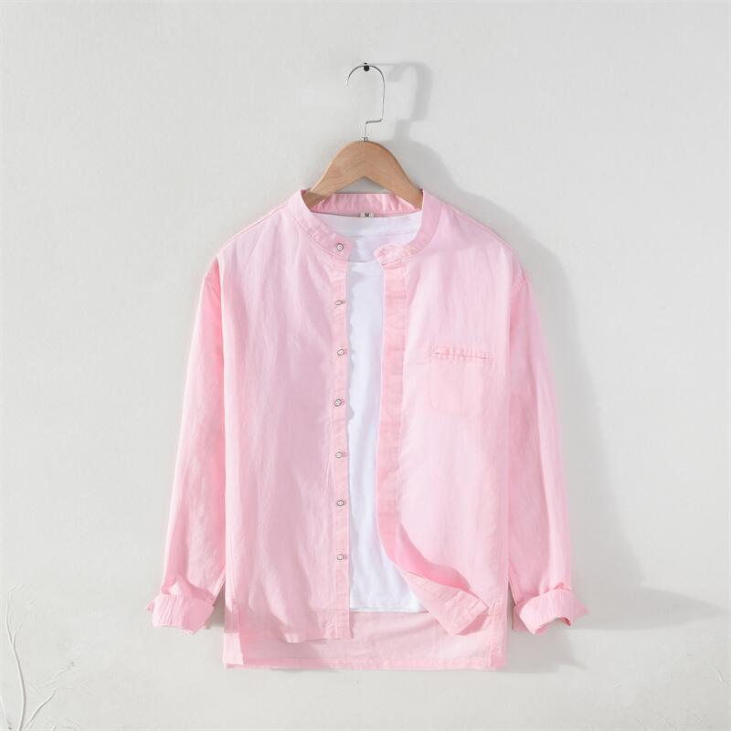 Cotton Linen Stand Collar Long Sleeve Shirt