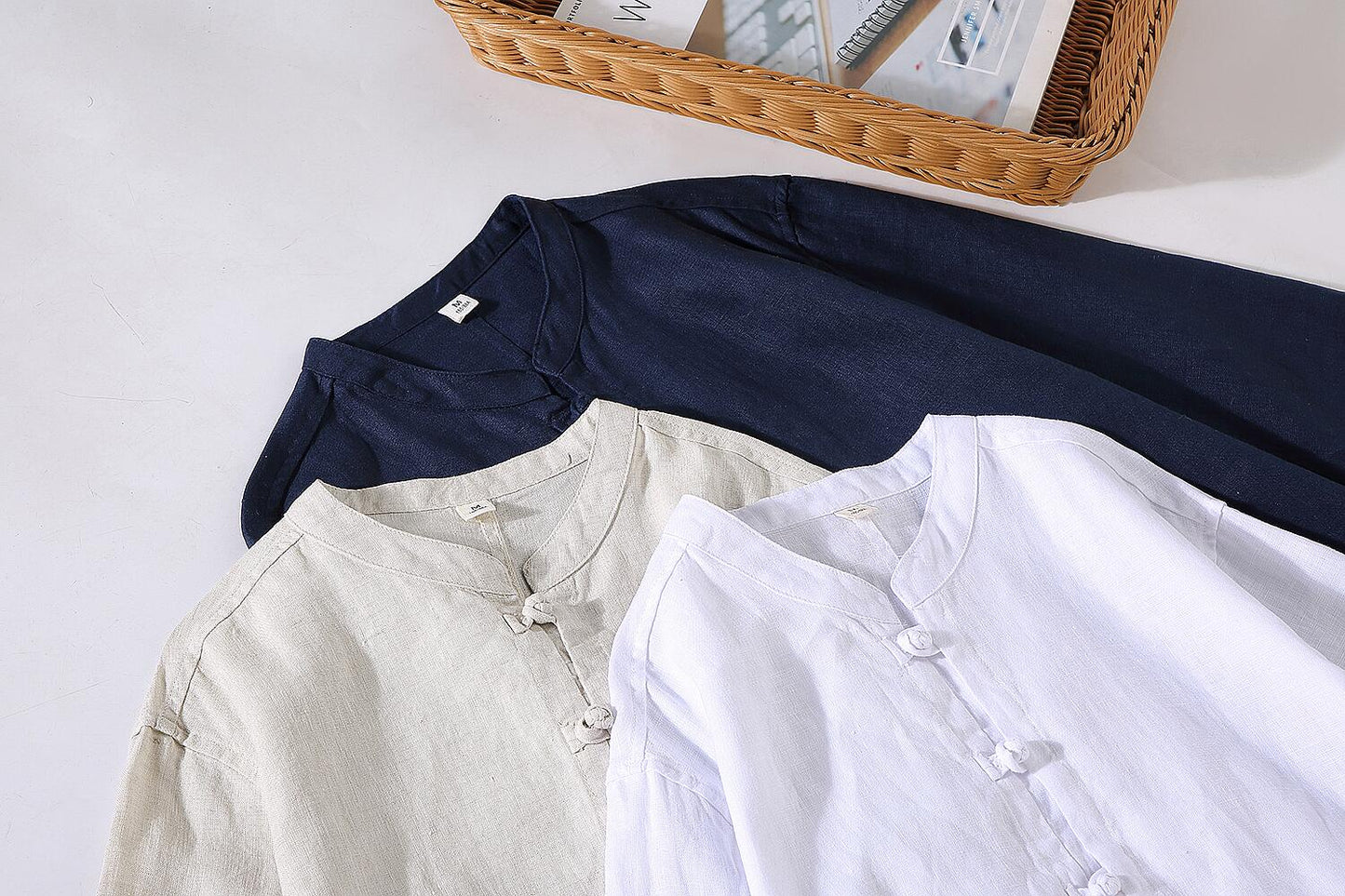 Relaxed Fit Stand Collar Linen Long Sleeve Shirt