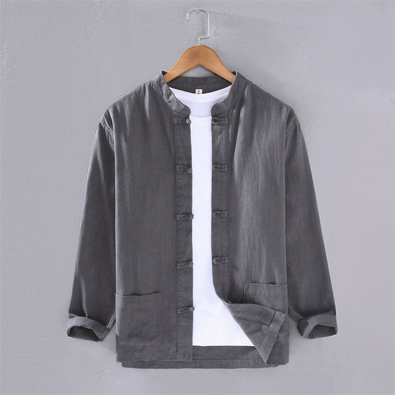 Stand Collar Cotton Linen Long Sleeve Shirt